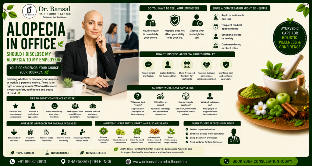 ALOPECIA IN OFFICE Should You Tell Your Employer? Workplace Confidence • Professional Growth • Self-Assurance Dr. Bansal Hair Rebirth Center